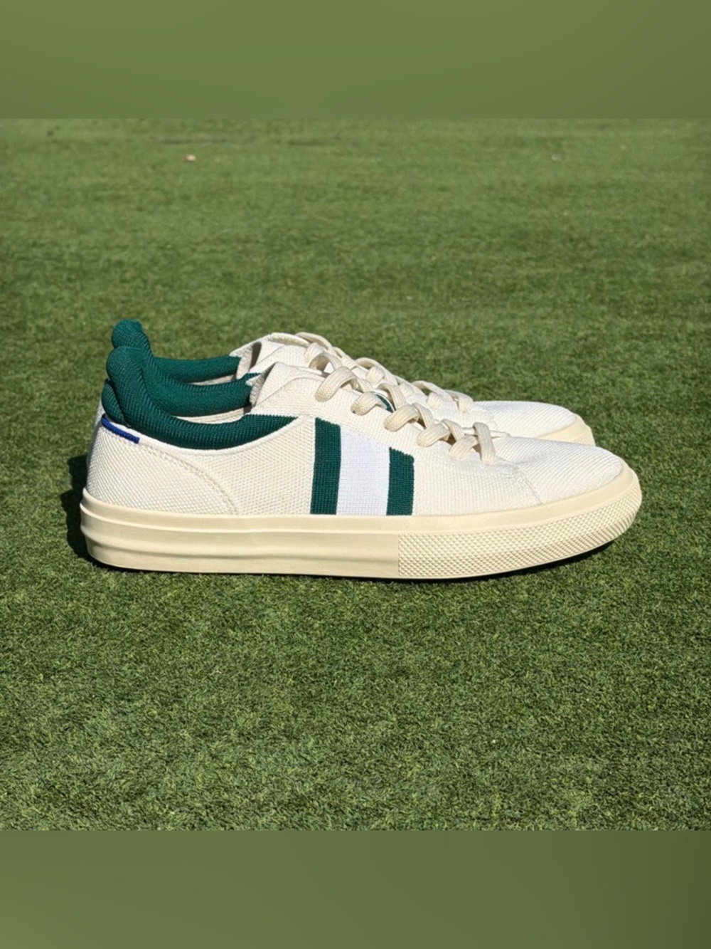 Rothy's Cream Sneakers with Green Stripe Accents